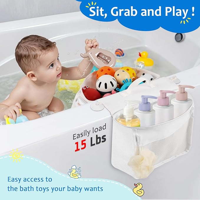Saddle Shape Bath Toy Organizer, 2 Compartments Wide Opening Mesh Bath Tub Toy Storage for Easy Access to Toys, Side Pockets & Bottom Zipper Design, Quick Drying Toy Holder for Tub (White)