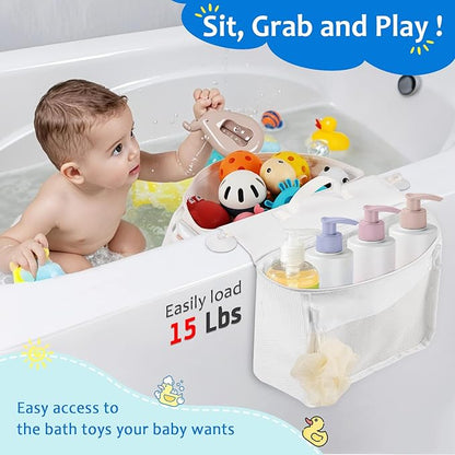 Saddle Shape Bath Toy Organizer, 2 Compartments Wide Opening Mesh Bath Tub Toy Storage for Easy Access to Toys, Side Pockets & Bottom Zipper Design, Quick Drying Toy Holder for Tub (White)