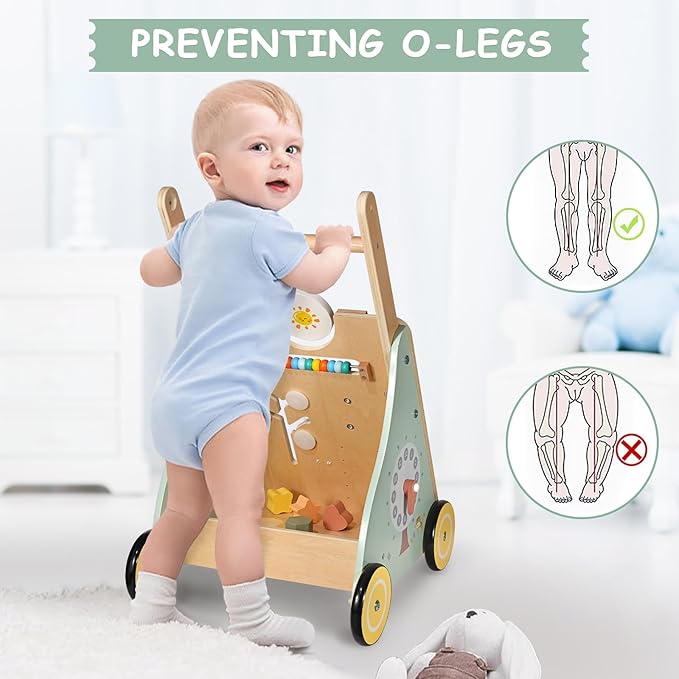 GiggleGems Wooden Baby Walker, Multiple Learning Activities Center Develops Motor Skills for Infant to Toddler, Push and Pull Walkers with Wheel for Boys Girls