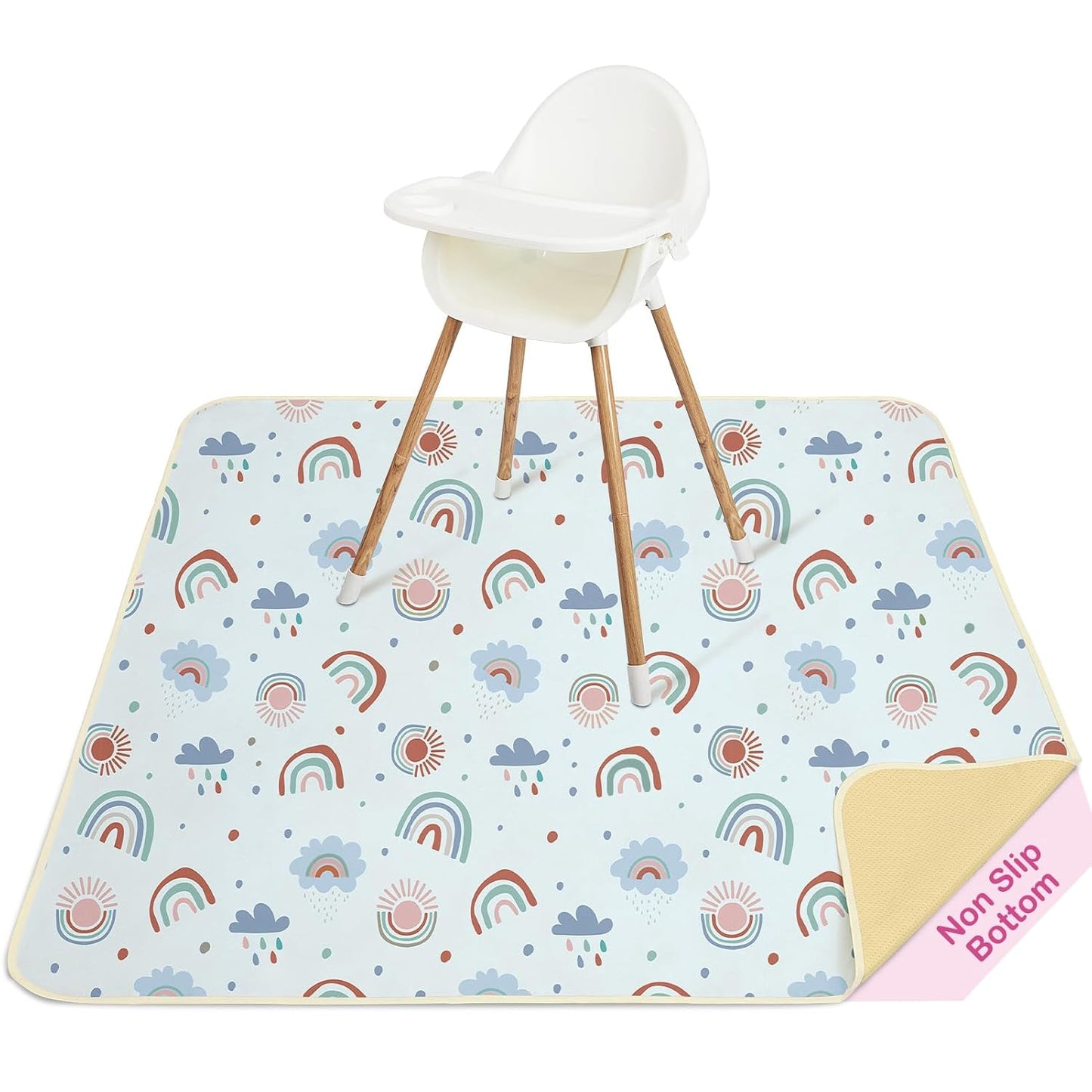 Basumee Splat Mat High Chair Mat Waterproof Baby Play Splat Mat for Under High Chair Food Catcher Highchair Mat for Floor Non Slip Bottom, Pink Rainbow, 46x42 Inches