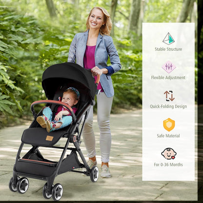 HOMGX Lightweight Baby Stroller, Compact Travel Stroller w/Ergonomic Seat, Spacious Basket, Adjustable Backrest, Oversized Canopy, Infant & Toddler Umbrella Stroller for Airplane, Travel (Black)