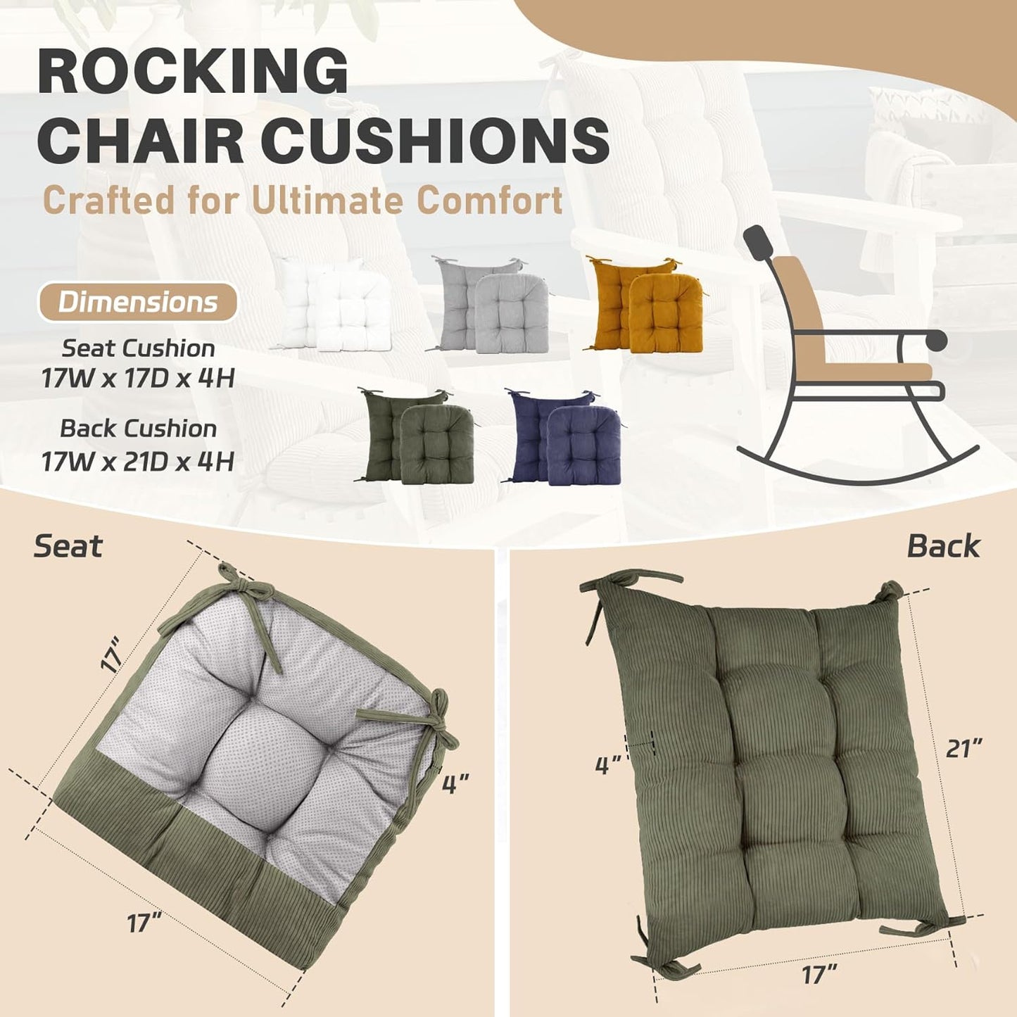 Rocking Chair Cushion with Ties Non-Slip Outdoor Rocking Chair Cushion Set Waterproof Fade-Resistant Porch Garden Patio Glider Rocker Cushions