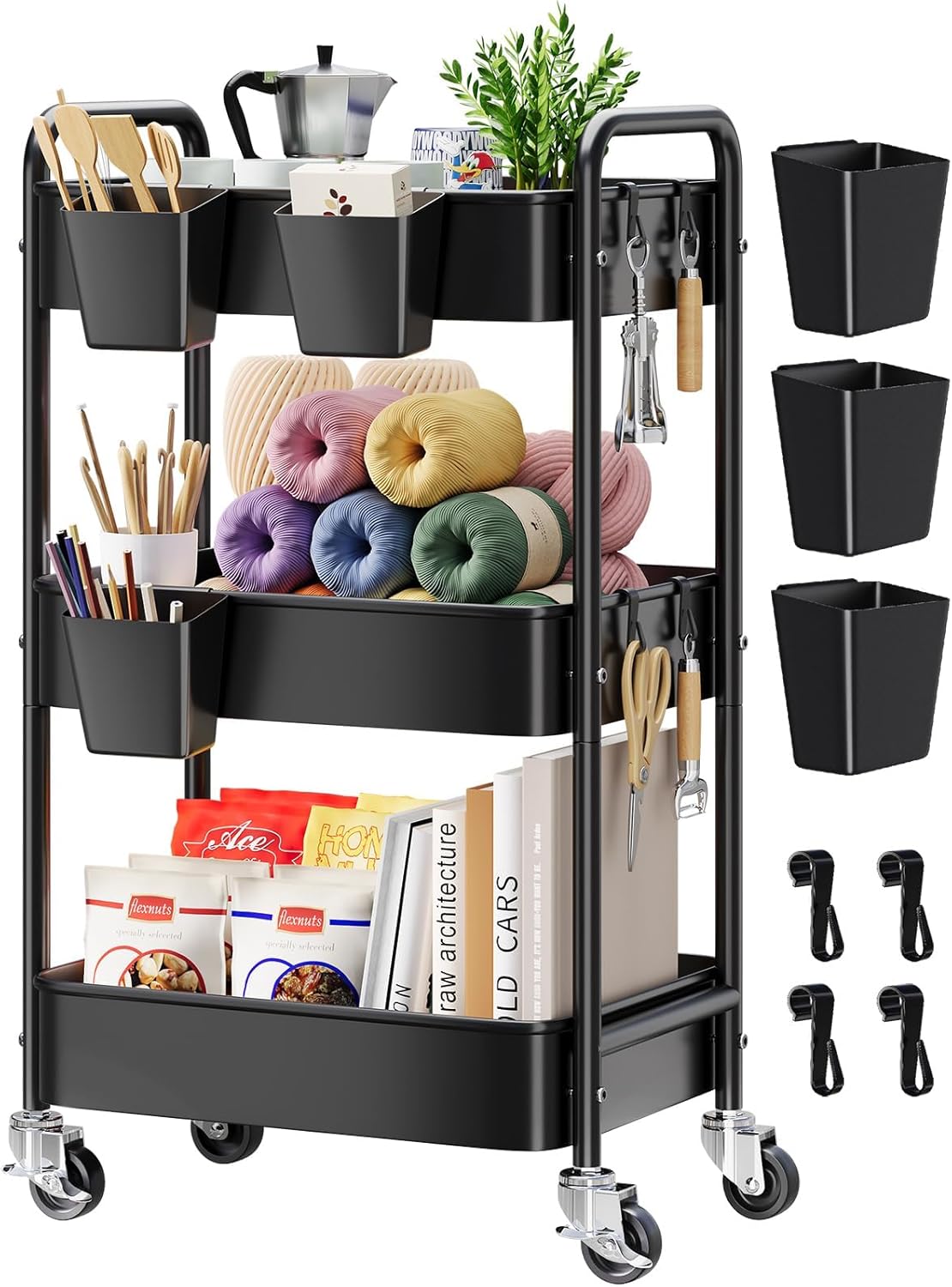 3 Tier Rolling Cart Metal with Lockable Wheels, Pink Three Tiered Diaper Caddy Cart Organizer on Wheels, Storage Utility Trolley Carts for Craft, Art, Nail, Lash, Baby Supplies, Cleaning, Mesh