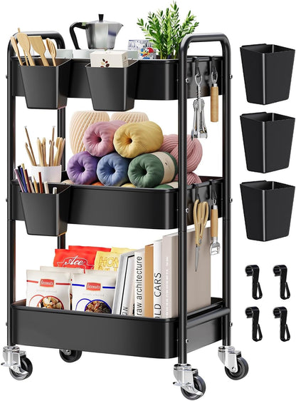 3 Tier Rolling Cart Metal with Lockable Wheels, Pink Three Tiered Diaper Caddy Cart Organizer on Wheels, Storage Utility Trolley Carts for Craft, Art, Nail, Lash, Baby Supplies, Cleaning, Mesh