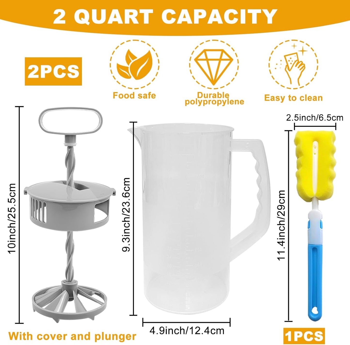 1 Pack Mixing Pitcher for Drink, 2 Quart/ 64oz Plastic Water Pitcher with Lid and Clean Sponge Brush, Angled Plastic Blades and Adjustable Mixer Plunger for Juice, Milk, Beverage Container