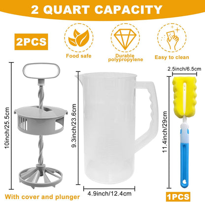 1 Pack Mixing Pitcher for Drink, 2 Quart/ 64oz Plastic Water Pitcher with Lid and Clean Sponge Brush, Angled Plastic Blades and Adjustable Mixer Plunger for Juice, Milk, Beverage Container