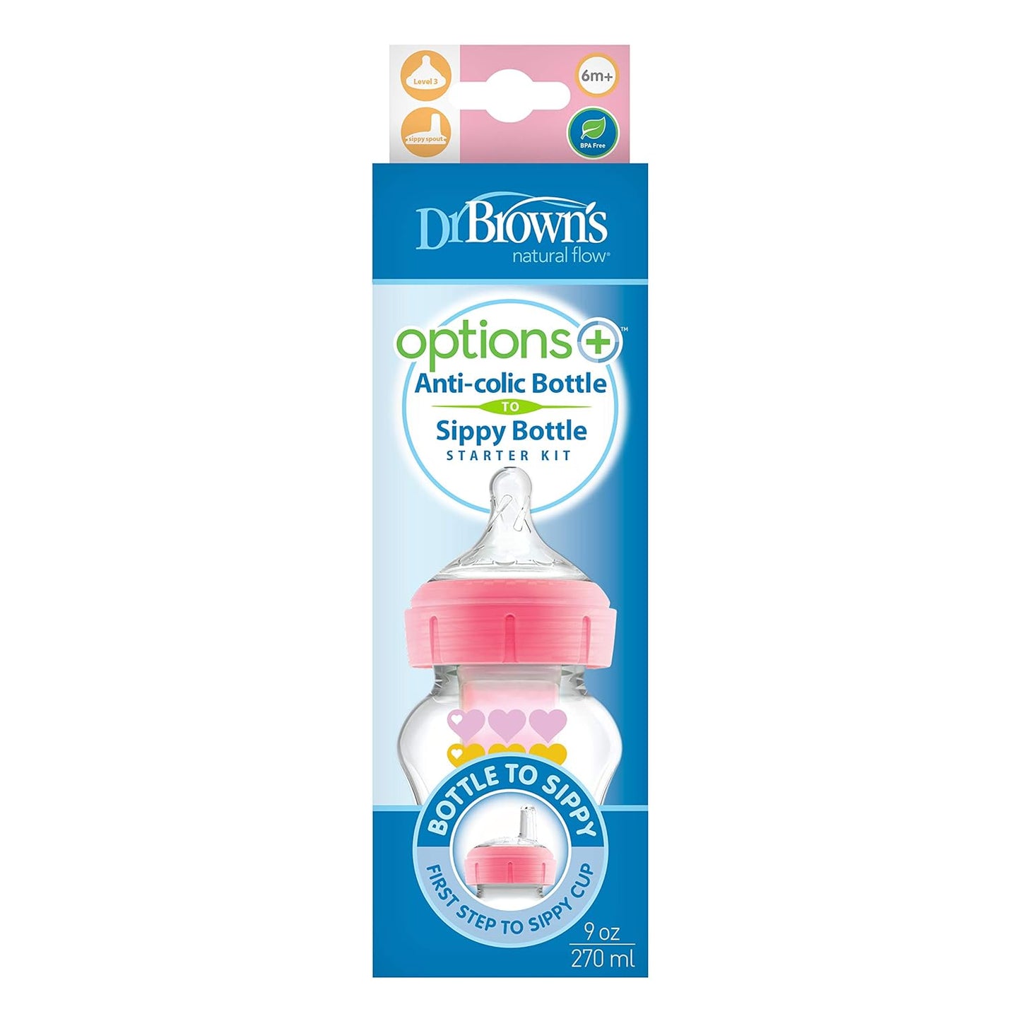 Dr. Brown's Anti-Colic Options+ Wide-Neck Sippy Bottle Starter Kit, 9oz/270mL, with Level 3 Medium-Fast Flow Nipple and Soft 100% Silicone Sippy Spout, Green, BPA-Free, 6m+, 2-Pack