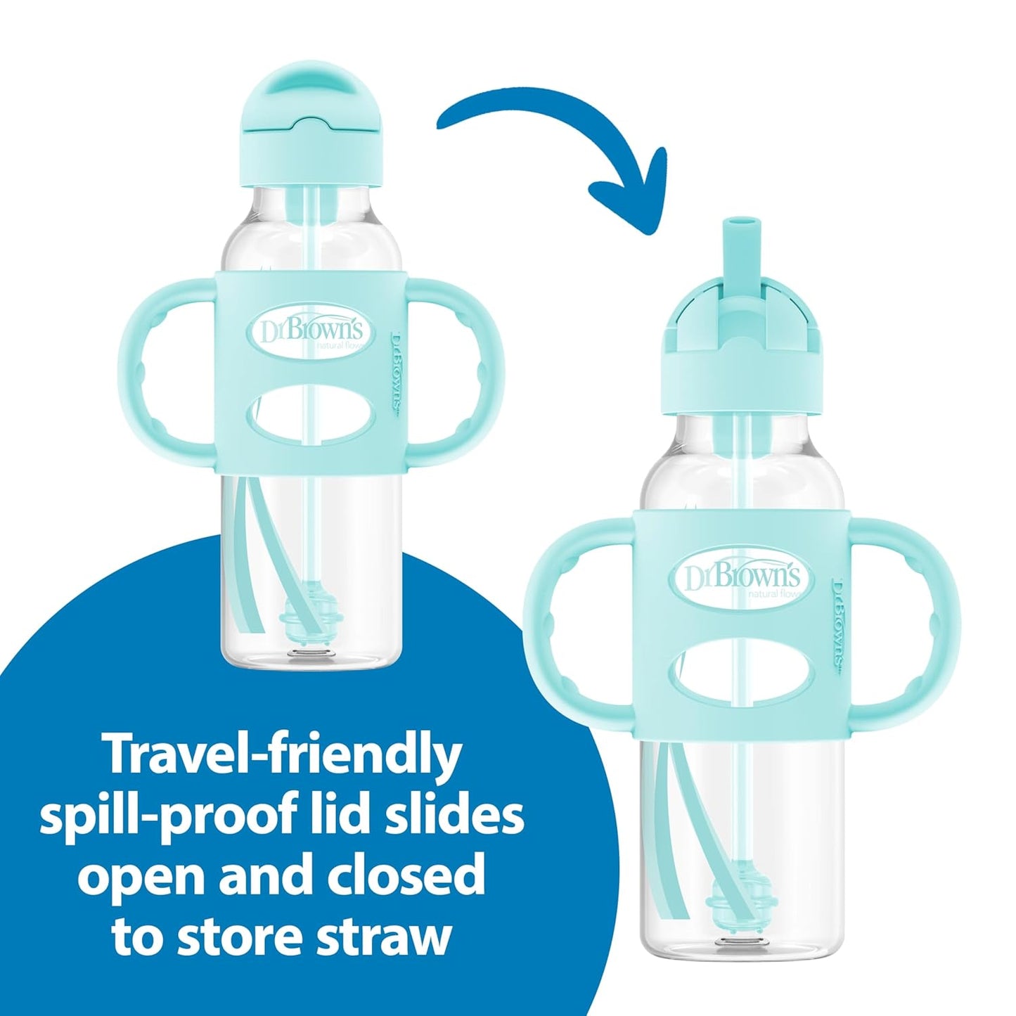 Dr. Brown's Milestones Narrow Sippy Straw Bottle, Spill-Proof with 100% Silicone Handles and Weighted Straw, 8 oz/250 mL, Gray & Green, 6m+