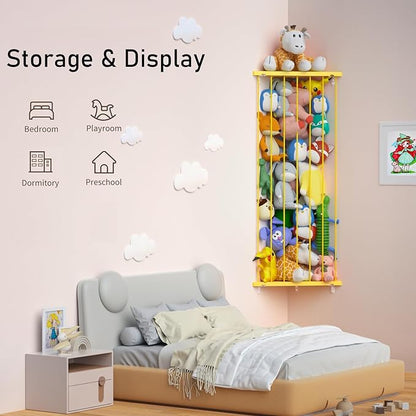 Stuffed Animal Storage Shelf Organizer - Corner Stuffed Animal Holder Length Adjustable - Wall Plush Storage Net for Playroom Bedroom (Yellow, Standard)