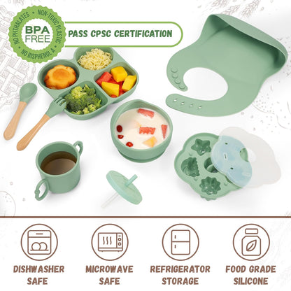 Silicone Baby Feeding Set, Baby Led Weaning Supplies, Baby Food Tableware Silicone Suction Plate, Bowl, Spoons, Fork, Waterproof Bib, Cup & Complementary Food Cake Mold, Baby Eating Utensils