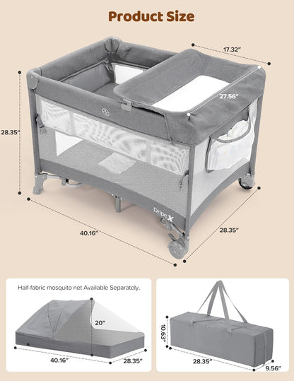 Dripex 5 in 1 Pack n Play Bedside Sleeper, 2-Level Height Baby Crib, Storage Pocket & Breathable Mesh - Foldable Portable Baby Bedside Bassinet for 0 to 12 Months (Travel/Home), Dark Grey