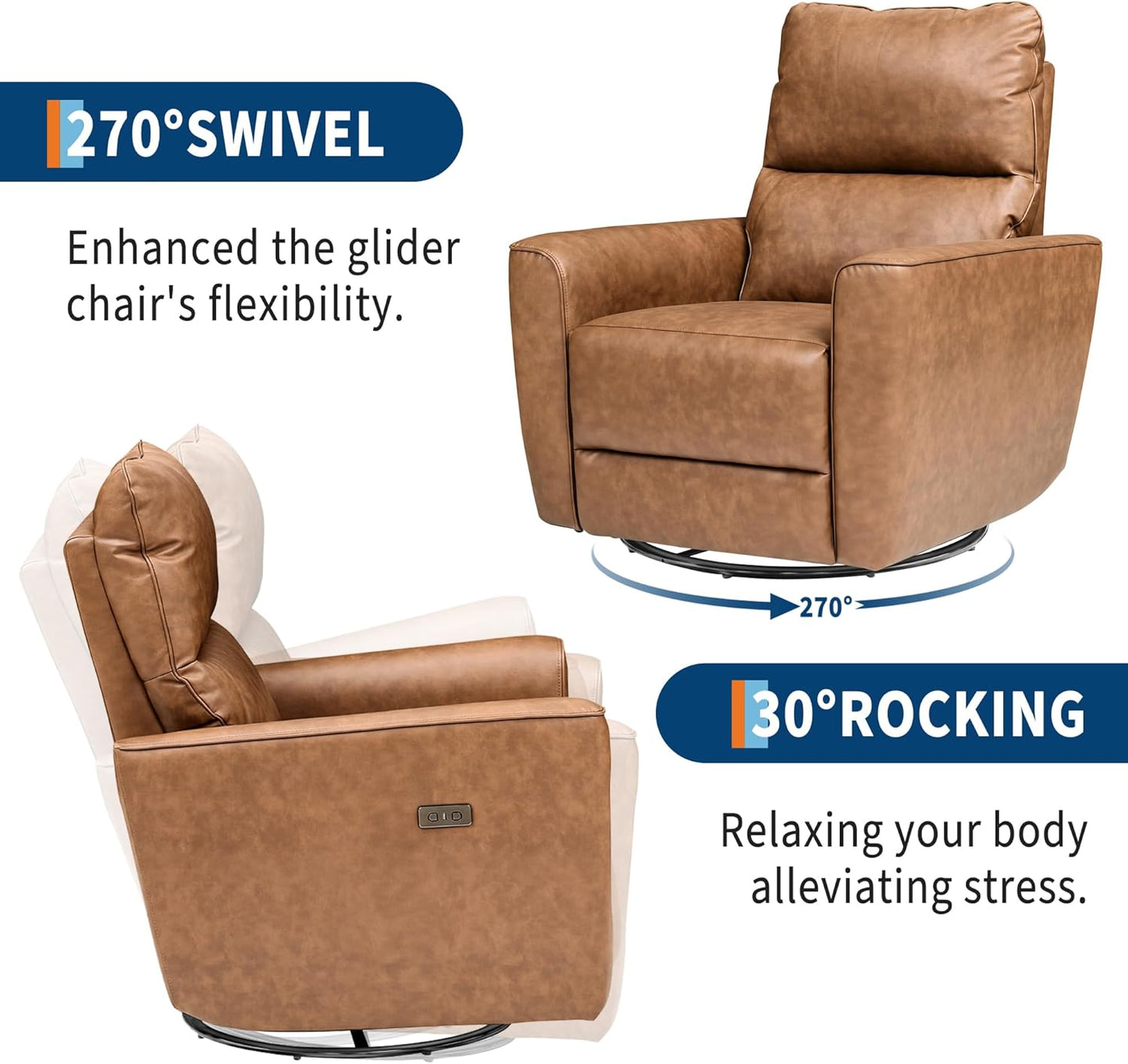 GarveeHome Power Recliner Chair, 270° Swivel Rocking Glider with USB Charging Port, Chenille Upholstered Fabric, Ergonomic Modern Nursery Chair for Living Room, Bedroom, Nursery (Beige)