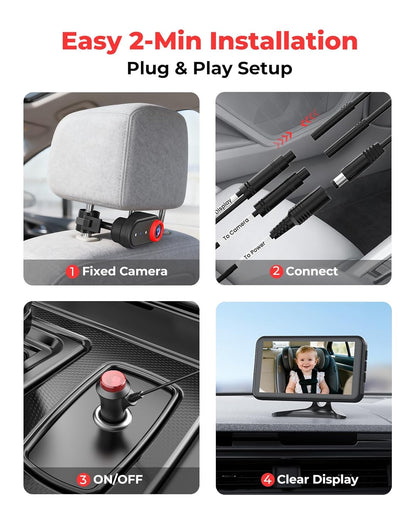 LUCKVIEW BM2A Baby Car Camera – 3X Zoom to See Baby Clearly, 5.2" 1080P Display & Auto IR Night Vision, Rear-Facing View Monitor, Easy Install for Parents & Pet Owners