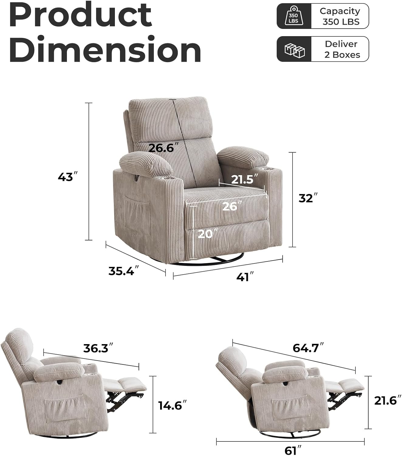 Rocking Chair Nursery with Adjustable Armrests, Electric Glider Recliner Nursing Chair for Breastfeeding, Power Swivel Recliner Chairs with Massage and Heat, Adjustable Headrest , FSC Certified, White