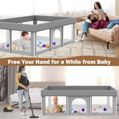 Foldable Baby Playpen 50"×50", Playard for Babies and Toddlers, Portable Safety Baby Fence Lightweight,No Installation, Indoor & Outdoor Playpen with Ocean Balls*50, Grey