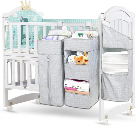 Hanging Diaper Caddy Organizer for Baby Crib - 3-in-1 Diaper Stacker for Changing Table Nursery Organization Storage Holder for Baby Essentials Attachment Portable Combining (Light grey)