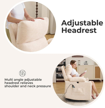 Rocking Chair Nursery with Adjustable Armrests, Electric Glider Recliner Nursing Chair for Breastfeeding, Power Swivel Recliner Chairs with Massage and Heat, Adjustable Headrest , FSC Certified, White