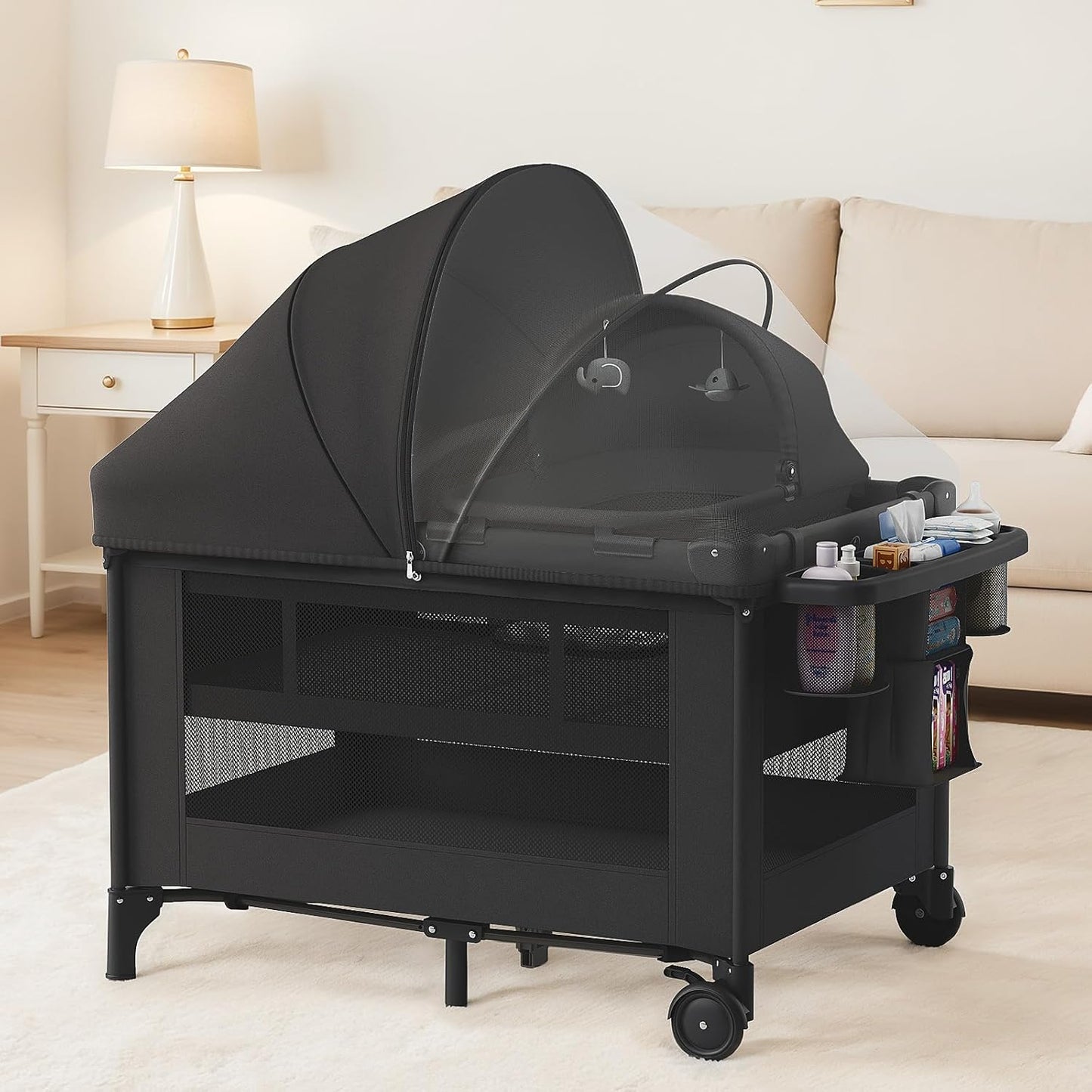 Obee Odee 4-in-1 Baby Bassinet with Playard, Napper Bassinet, Changing Table, Mosquito Net & Canopy, Storage and Toys for Newborn to Toddler