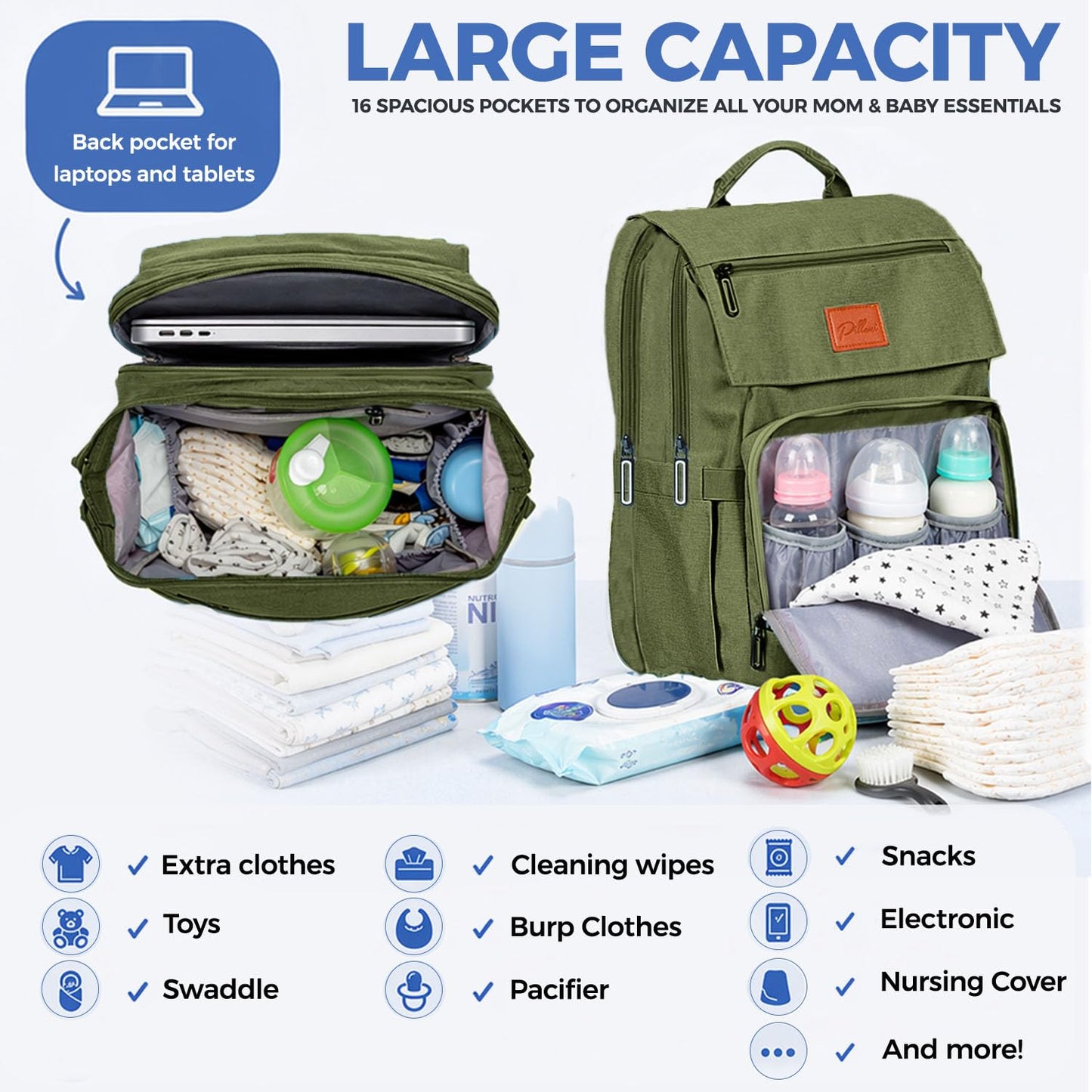 PILLANI Baby Diaper Bag Backpack - Large Waterproof Travel Diaper Bag for Boys & Girls, 16 Organizer Pockets with Changing Pad, Insulated Bottle Pockets & Stroller Straps, Baby Shower Gifts, Dinosaur