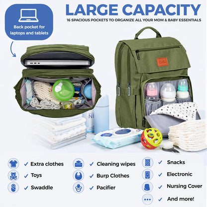 PILLANI Baby Diaper Bag Backpack - Large Waterproof Travel Diaper Bag for Boys & Girls, 16 Organizer Pockets with Changing Pad, Insulated Bottle Pockets & Stroller Straps, Baby Shower Gifts, Dinosaur