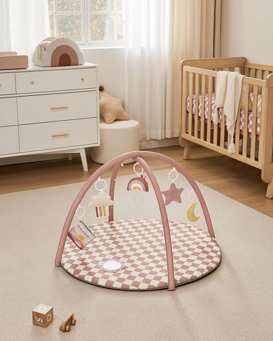 Blissful Diary Baby Play Gym Mat, Play Mat Activity Mat with 6 Detachable Toys for Stage-Based Sensory & Motor Skill Development, Easy to Install & Clean, Baby Essentials Gift, Blush Checkered