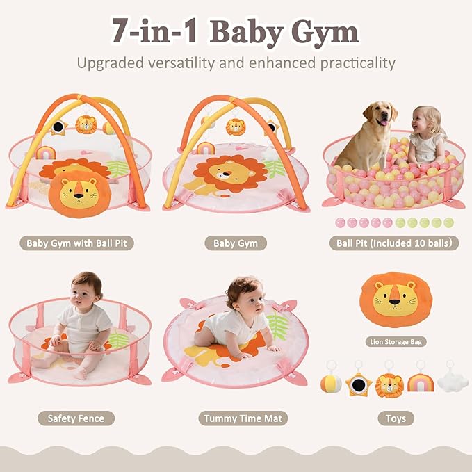 7-in-1 XL Large Baby Play Gym Mat, Tummy Time Mat, Baby Gym & Ball Pit, Baby Activity Mat with Milestone Cards & 6 Detachable Toys for Sensory Motor Skill, Lion