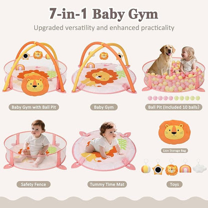 7-in-1 XL Large Baby Play Gym Mat, Tummy Time Mat, Baby Gym & Ball Pit, Baby Activity Mat with Milestone Cards & 6 Detachable Toys for Sensory Motor Skill, Lion