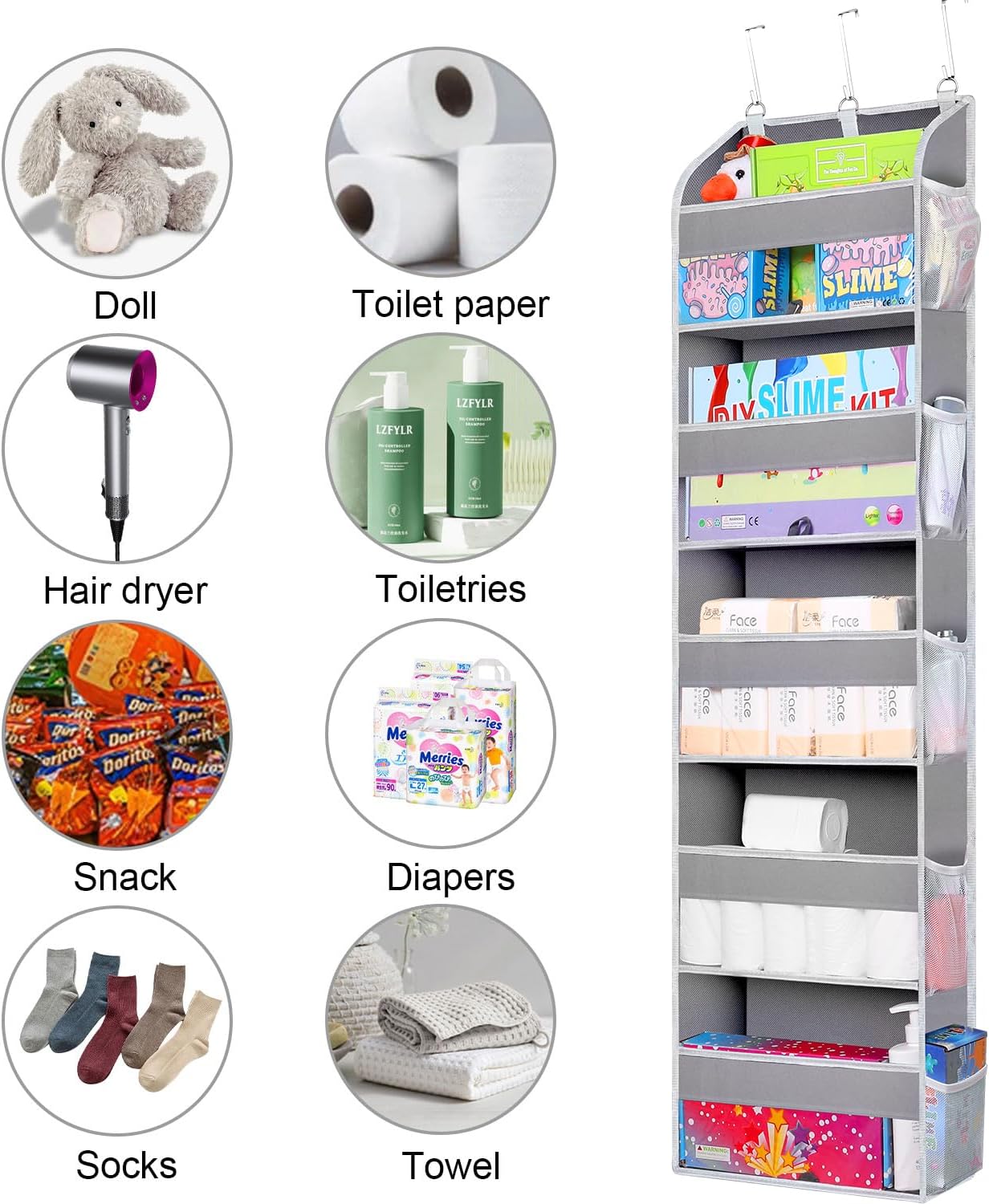 TAHAVICE 1 Pack Over The Door Organizer Storage, Hanging Organizer Closet with 5 Large Pockets 10 Mesh Pockets, 44 lbs Weight Capacity, Behind Door Storage for Nursery Bedroom Bathroom (Dark Grey)