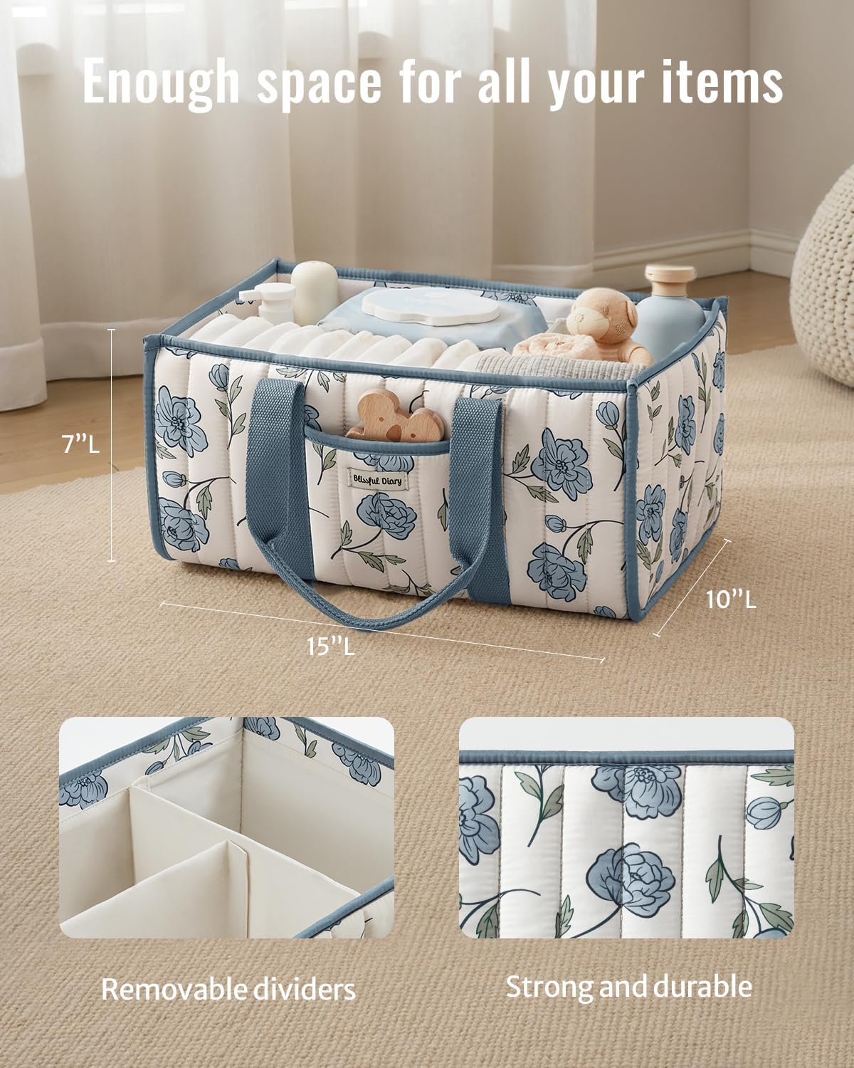 Blissful Diary Floral Diaper Caddy Organizer, Stylish Nursery Storage Basket, Gift for Baby Shower, Newborn Essentials, Floral Beige