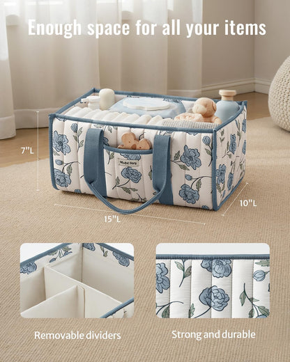 Blissful Diary Floral Diaper Caddy Organizer, Stylish Nursery Storage Basket, Gift for Baby Shower, Newborn Essentials, Floral Beige