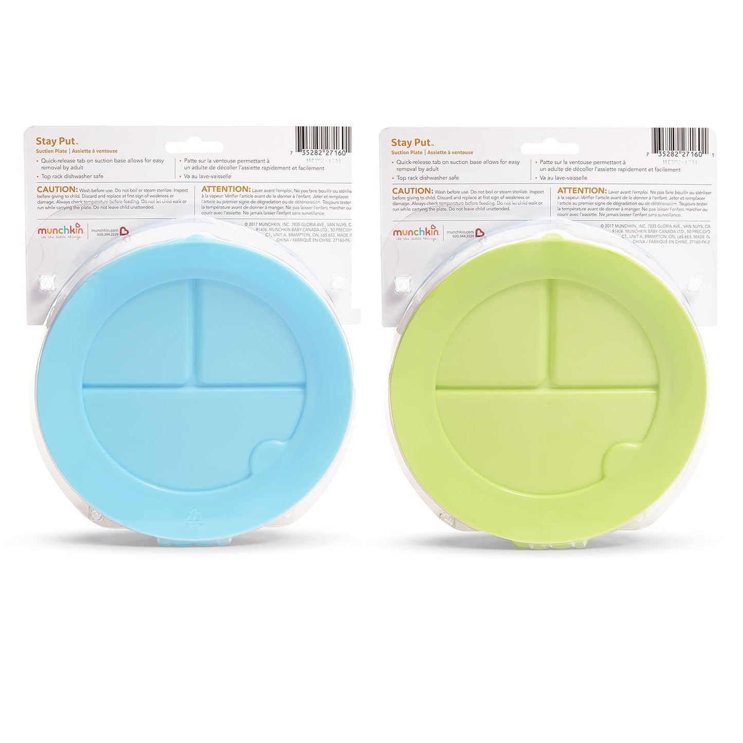 Munchkin Stay Put Suction Plates for Baby and Toddler, 3 Divided Sections , Blue/Green