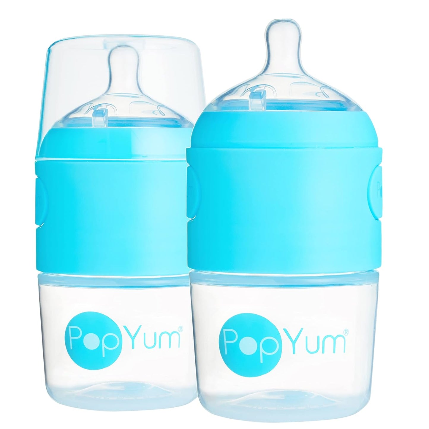 PopYum 9 oz Blue Anti-Colic Formula Making Baby Bottles, 3-Pack with #2 Medium Flow Nipples, 260 ml, BPA-Free, Natural Latch, Mixing, Dispenser