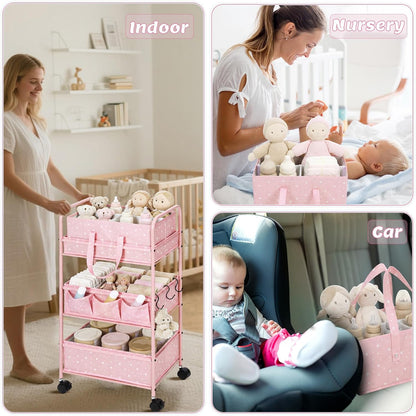 Yookeer 2in1 Baby Diaper Caddy Organizer Cart 3 Tier Large Capacity Metal Utility Bedside Rolling Cart with Divider Newborn Registry Gift Nursery Essential Must Have Bedroom Baby Shower(Gray,Star)