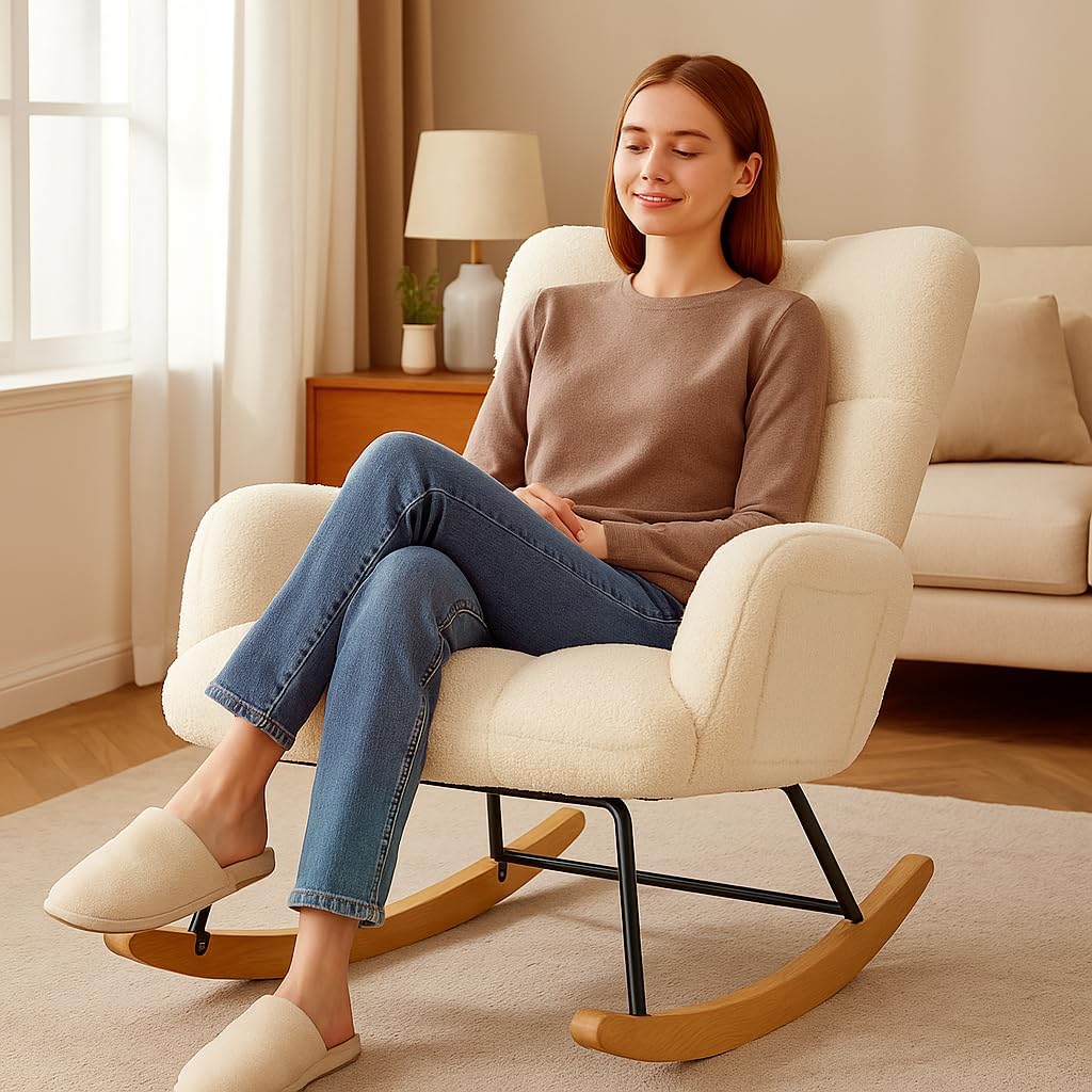 COMHOMA Nursery Rocking Chair with Ottoman,Teddy Glider Rocking Chair,Accent Chair with High Backrest Reading Chair for Adult,Nursery,Bedroom,Living Room,Offices(Beige with Ottoman)