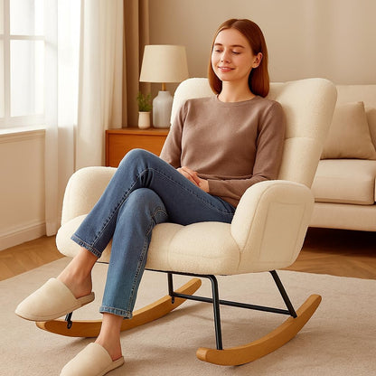 COMHOMA Nursery Rocking Chair with Ottoman,Teddy Glider Rocking Chair,Accent Chair with High Backrest Reading Chair for Adult,Nursery,Bedroom,Living Room,Offices(Beige with Ottoman)
