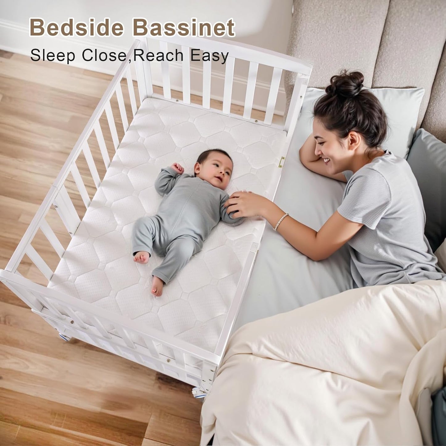 Flwrgirl Baby Bassinets Bedside Sleeper - Portable Pine Wood Bedside Bassinet with Mattress,3 Heights Small Mini Crib,Baby Crib for Newborns,Unpainted | Pine Wood Bassinet, Mattress Included, 3-IN-1 Convertible, Adjustable Height, Locking Wheels, Portalbe
