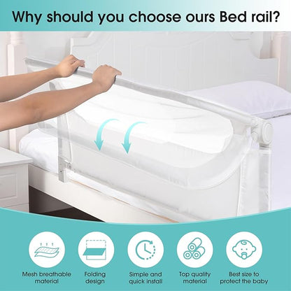 NUTIKAS Baby Bed Rail Guard for Toddlers -59" Toddler Bed Rails for Twin, Full, Queen, King Bunk Size Bed Swing Down Bedrail Extral Tall Child Safety Side Railing Guards for Kids White