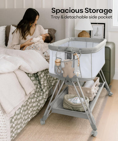 Fodoss Baby Bassinets Bedside Sleeper - 3-in-1 Baby Bassinet with Wheels, Soft Mattress, Storage Tray, Full-Mesh Sides, 7-Height Adjustable Crib for Newborns