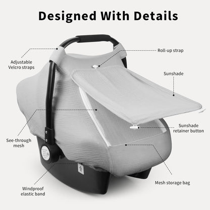 Rquite Car Seat Cover Baby, Carseat Covers Girl Boy, Breathable Muslin Cotton, Large Mesh Window, Infant Car Seat Canopy Baby Carrier Cover Stroller Sun Shade for Summer & Hot Day