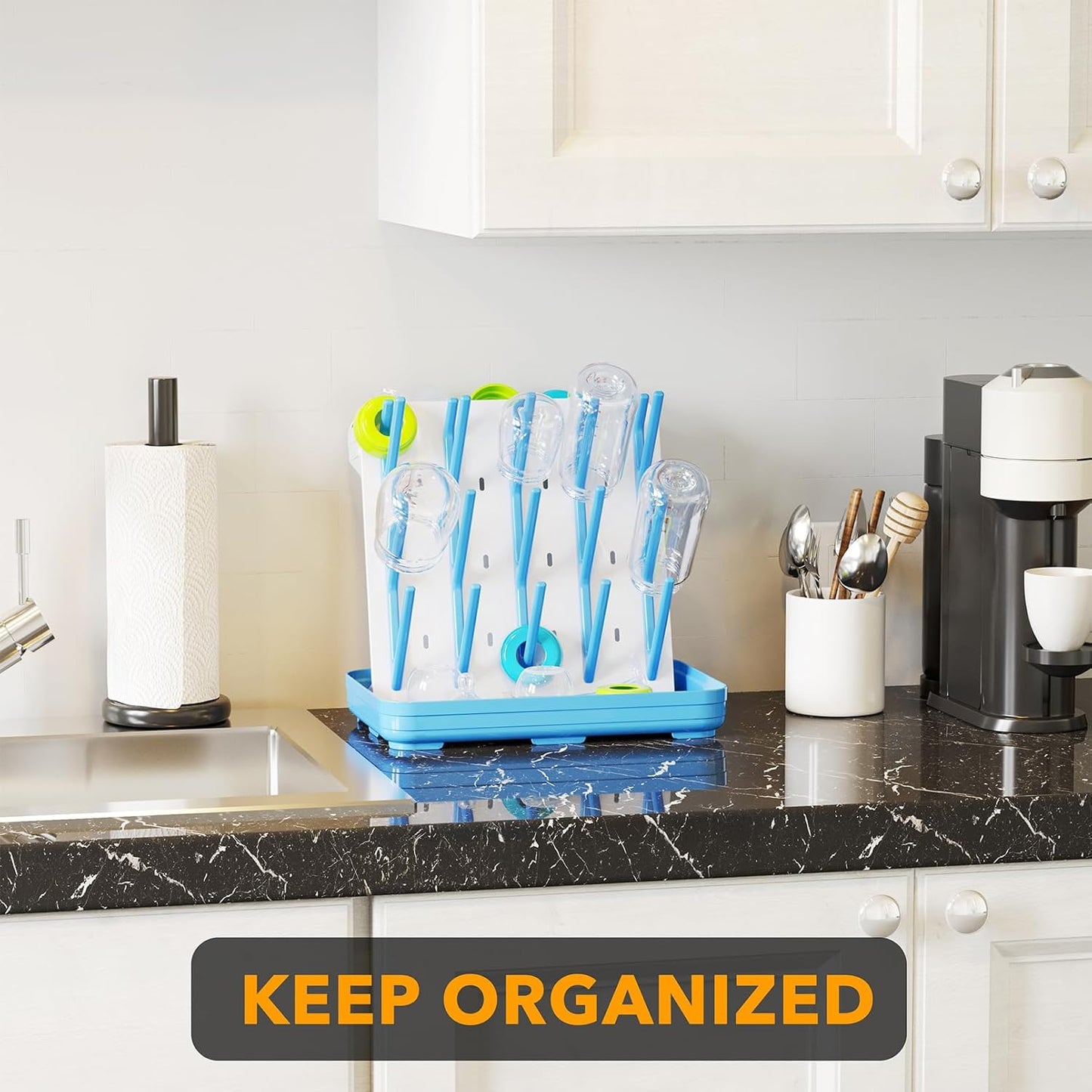 SpaceAid Baby Bottle Drying Rack with 20 Hooks, Space Saving Kitchen Bottles Rack Dryer, Vertical Baby Bottle Holder Organizer for Countertop Storage Accessories (White and Gray)