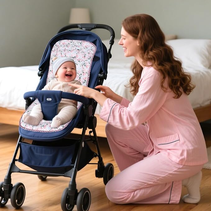 Baby Stroller Cushion,Infant Car Seat Insert-Reversible Universal Breathable and Soft Newborn seat Liner for Stroller,100% Cotton Seat Pad Liner for Newborns-34x78cm,1 Pack(Pink Tulip+Pink Triangle)