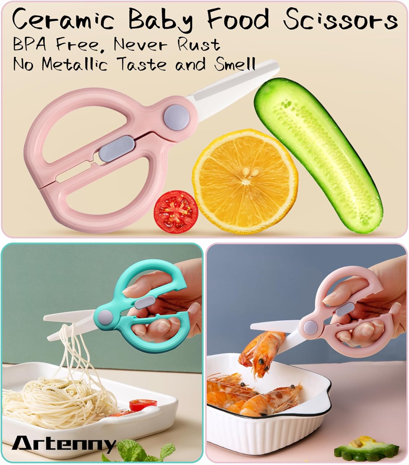Baby Food Scissors with Travel Case, Ceramic Food Scissors Kids, Toddler Scissor with Safety Lock, Ideal for Pizza, Meats, Noodles, Vegetables, and Fruits (C)