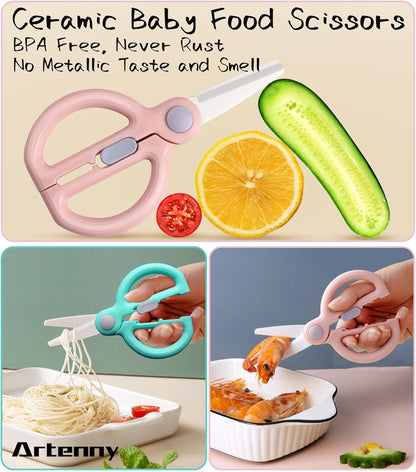 Baby Food Scissors with Travel Case, Ceramic Food Scissors Kids, Toddler Scissor with Safety Lock, Ideal for Pizza, Meats, Noodles, Vegetables, and Fruits (C)