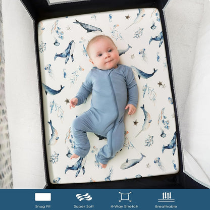 GRSSDER Stretch Ultra Soft Jersey Knit Fitted Pack n Play Playard Sheets Set 2 Pack，Fits Portable/Mini Cribs Sheets, Playards Mattress Pads, Stylish Watercolor Animals for Baby, Mint Green