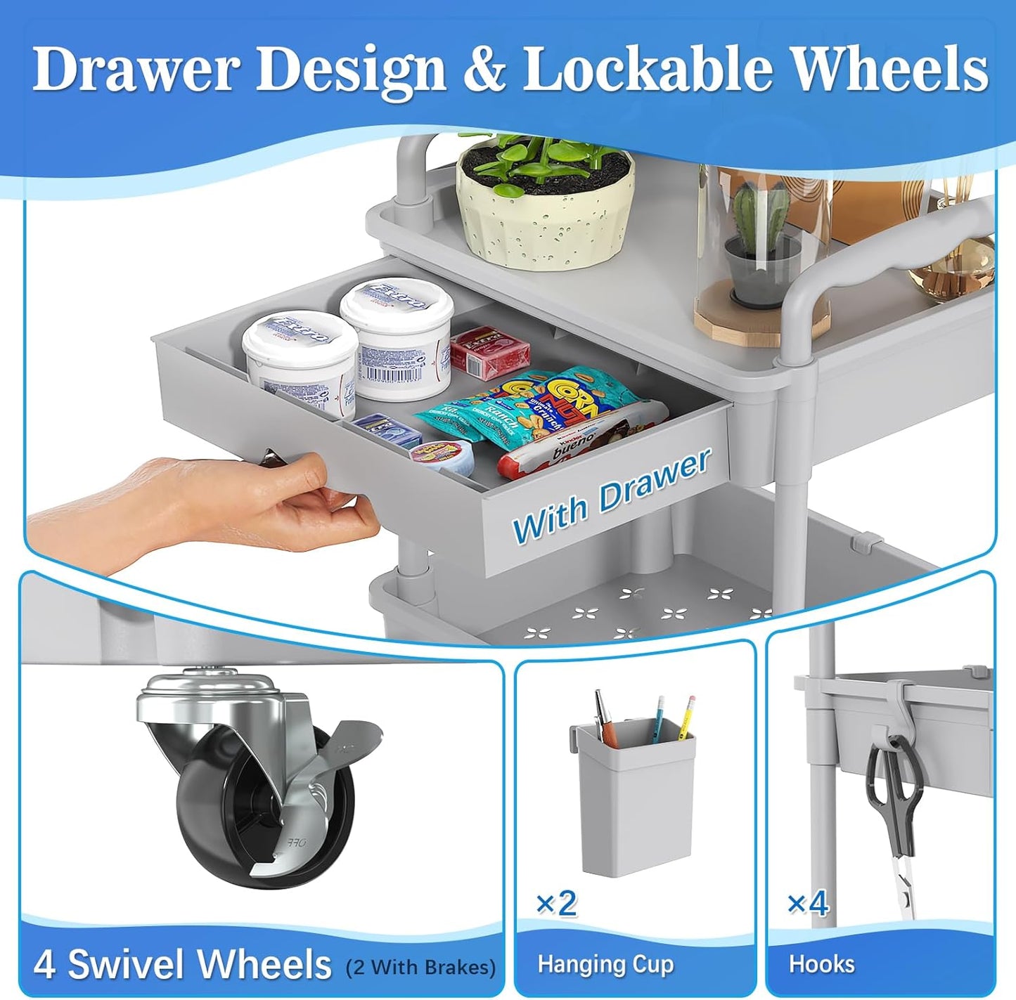 SUNALLY 3 Tier Rolling Cart with Drawer, Bathroom Storage Organizer with 2 Lockable Wheels, Multifunctional Rolling Storage Cart for Bathroom, Kitchen, Office, Craft, Makeup, Baby Essentials, White