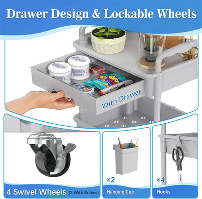 SUNALLY 3 Tier Rolling Cart with Drawer, Bathroom Storage Organizer with 2 Lockable Wheels, Multifunctional Rolling Storage Cart for Bathroom, Kitchen, Office, Craft, Makeup, Baby Essentials, White