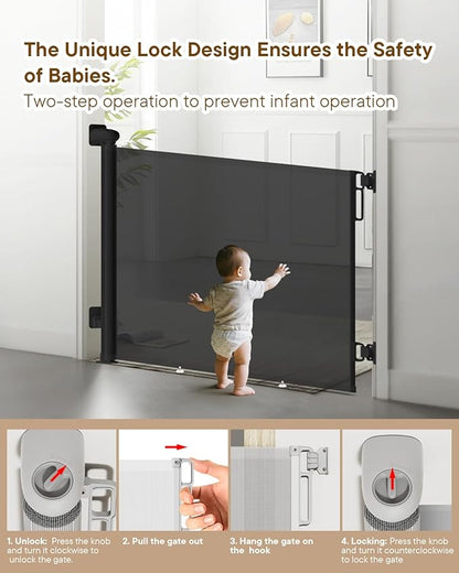 Extra Wide Baby Gate - 71 inch Retractable Mesh Gates for Large Opening, Extra Long Mesh Gate for Babies, Dogs, Baby Gate Anti-Crawling Hook for Stairs Hallways Doorway Indoor Outdoor, Black