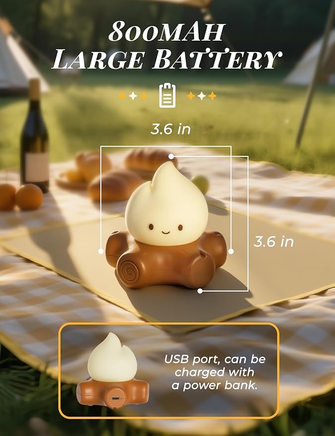 Chibi Campfire Light with Soothing Sounds, Sleep Aid Night Light for Kids, Portable Rechargeable White Noise Cozy Campfire Night Light for Room Decor Camping Trips, Cute Gifts