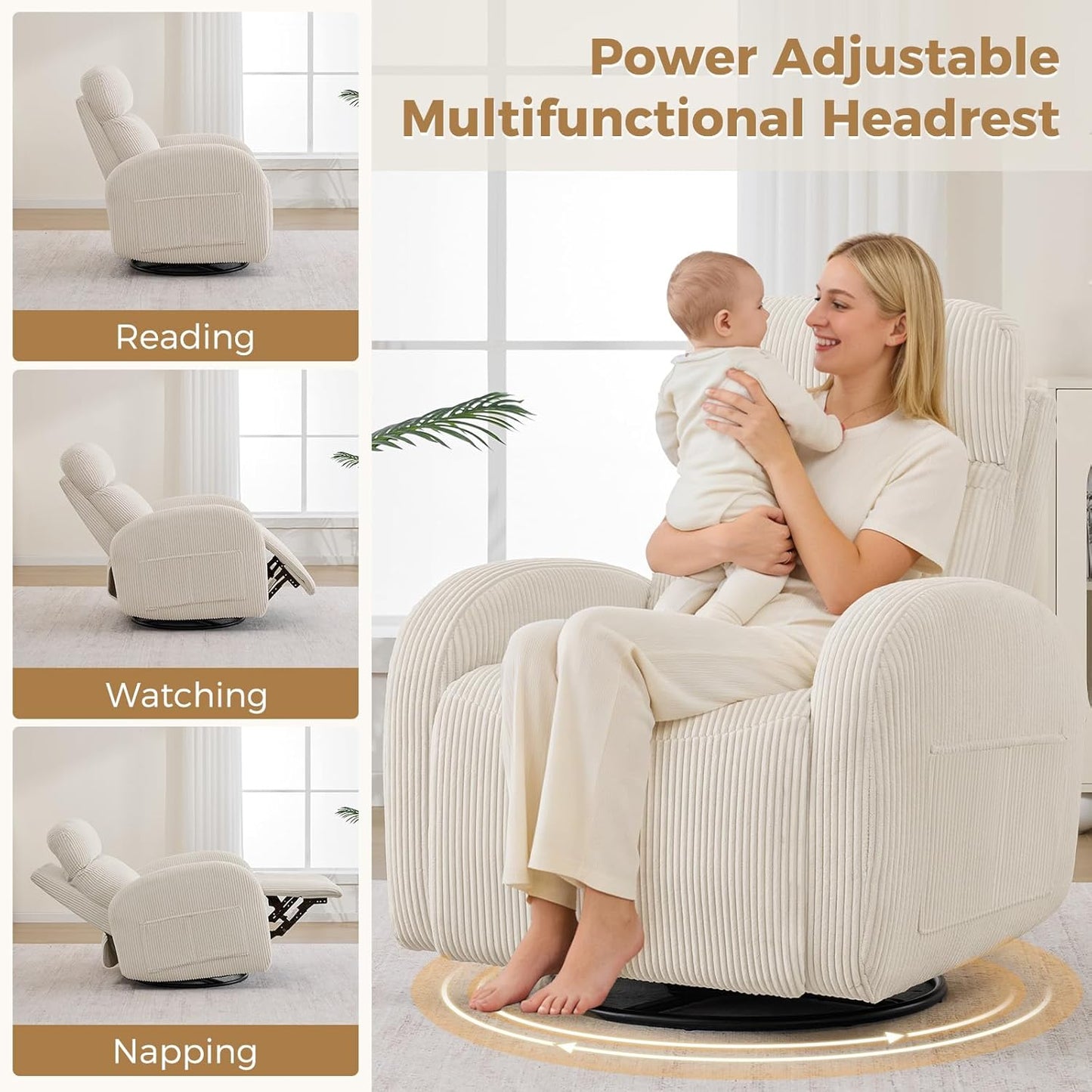 Nursery Glider Recliner, Power Swivel Rocking Recliner with USB & Type-C Port, Swivel Nursering Reclining Rocker with Double Pockets for Living Room, Camel Chenille
