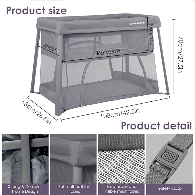 Pack and Play with Bassinet & Mattress, Lightweight Portable Baby Bed, Foldable Travel Bassinet Playard with Storage Bag, Easy Setup Playpen for Babies & Toddlers (Grey)